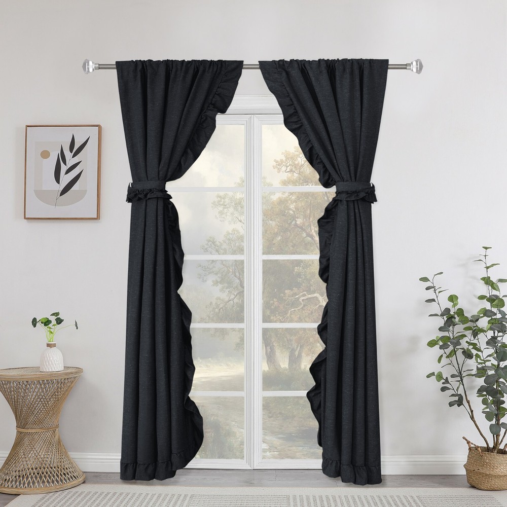 Linen Window Curtain 2 Panel Set, Rustic Style Decoration Ruffled Edge Tie Backs