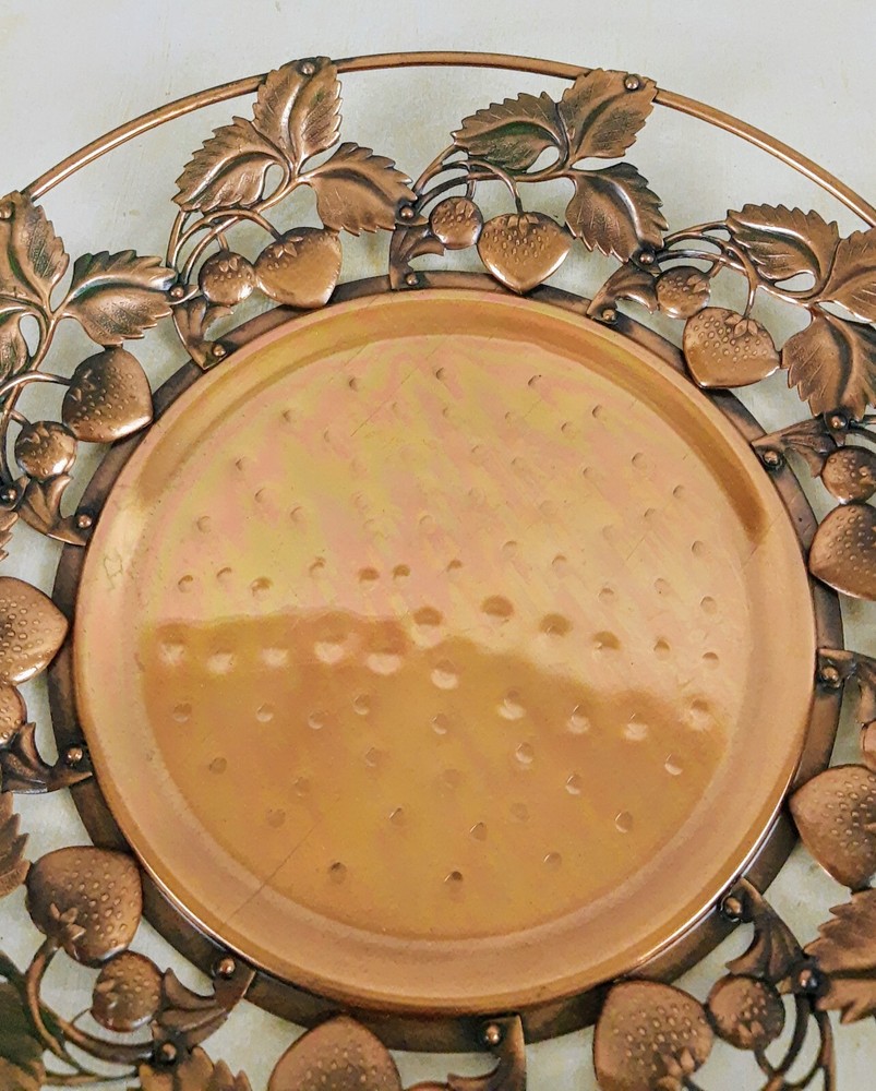 Vintage Copper Platter Bowl With Strawberry Design