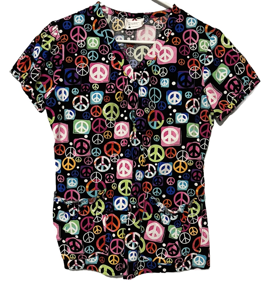 White Cross Small Scrub Top Multicolored Peace Symbol Black Cotton Pullover