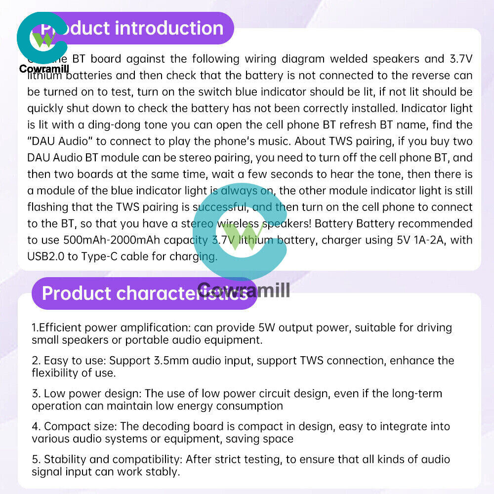 5pcs Type-C DC3.5V-5V 5W Mono Audio Amplifier Bluetooth Decoding Board TWS 3.5mm