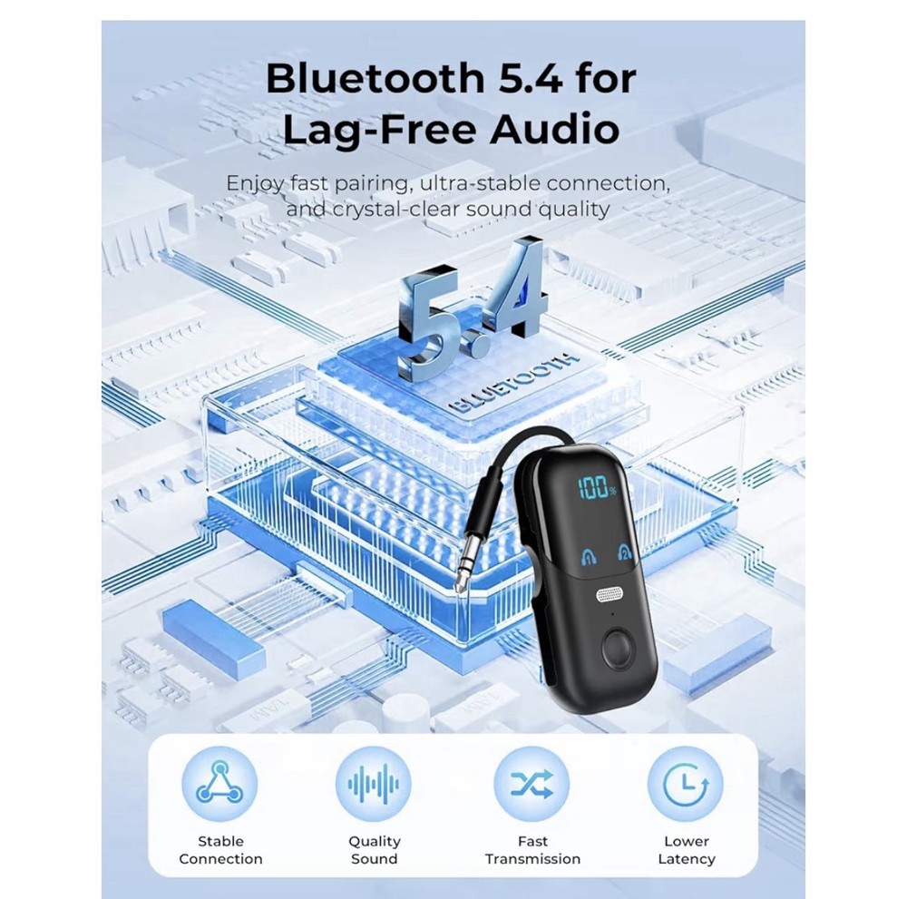 Bluetooth 5.4 Dual Pairing Transmitter, Retractable AUX, Fast Charging, Black