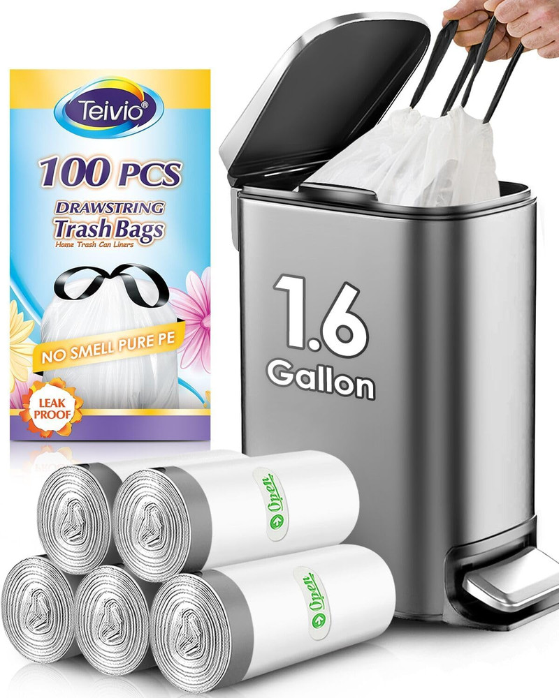 1.6 Gallon 100 Counts Strong Drawstring Trash Bags Garbage Bags, Medium Kitchen