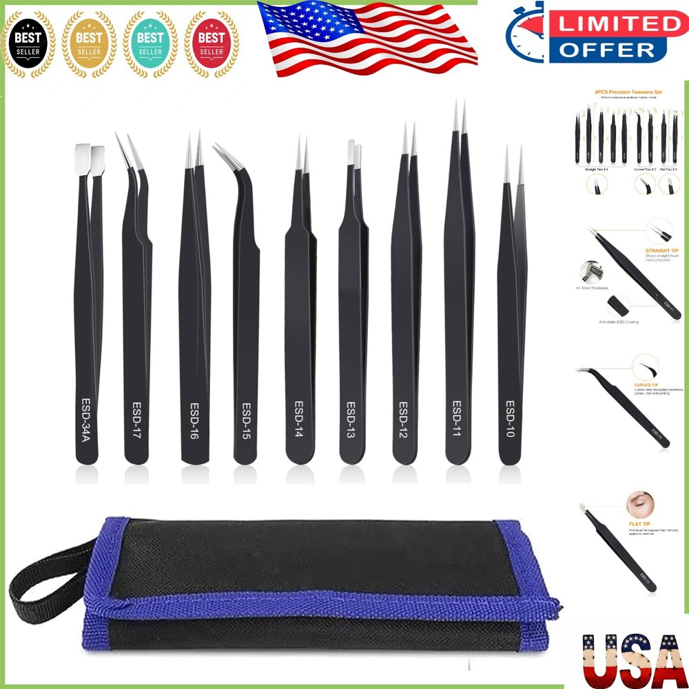 9PCS Precision Stainless Steel Tweezers Set - ESD Safe for Electronics & Craft