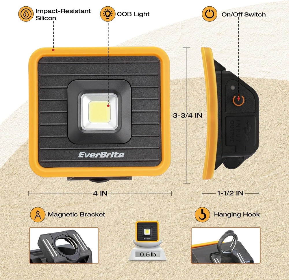 EverBrite 1000 Lumens Rechargeable Work Light Orange/White/COB Work Light 3Modes