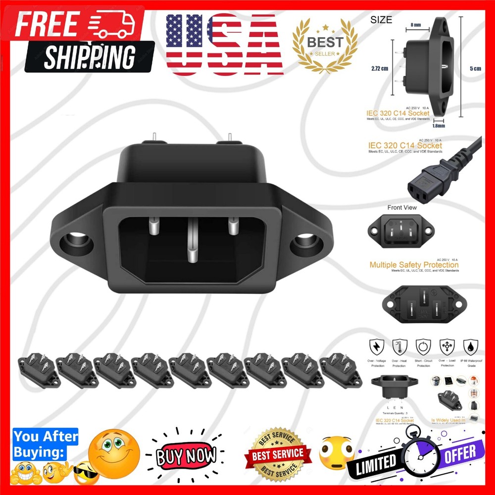 10 Pack AC 250V 10A IEC 320 C14 Panel Mount Plug Adapter Power Connector Socket