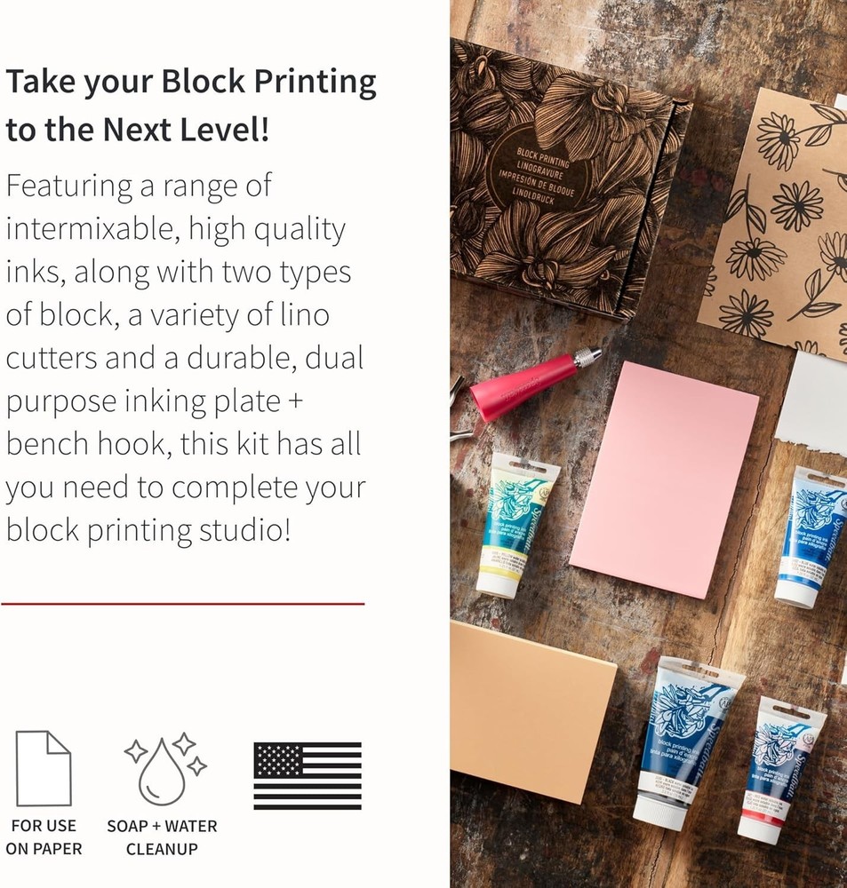 Deluxe Block Printing Kit - Includes Inks, Brayer, Bench Hook, Lino Handle and C