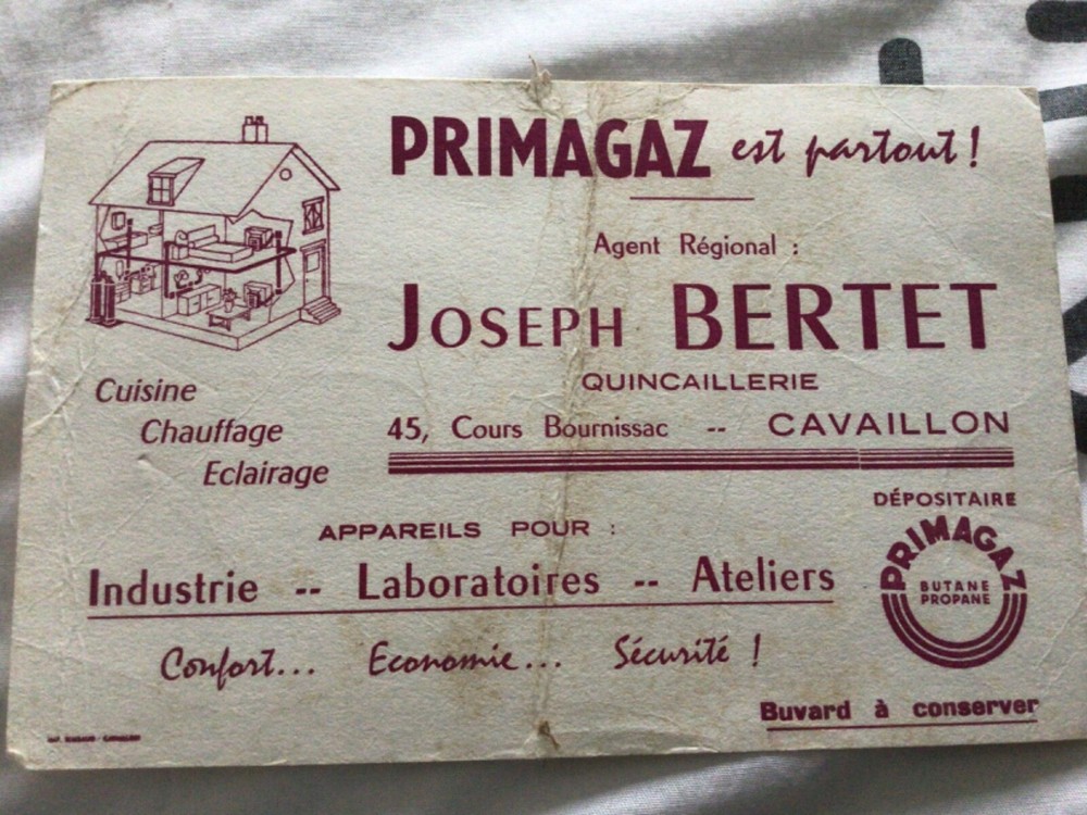 ANTIQUE PRIMAGAZ JOSEPH BERTET BLOTTER ADVERTISEMENT
