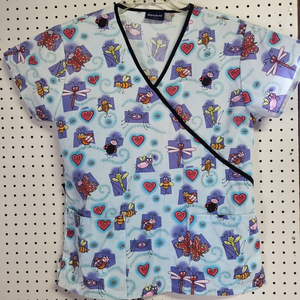 Absolute Medical Scrubs Womens Top Medium Bugs Lite Blue