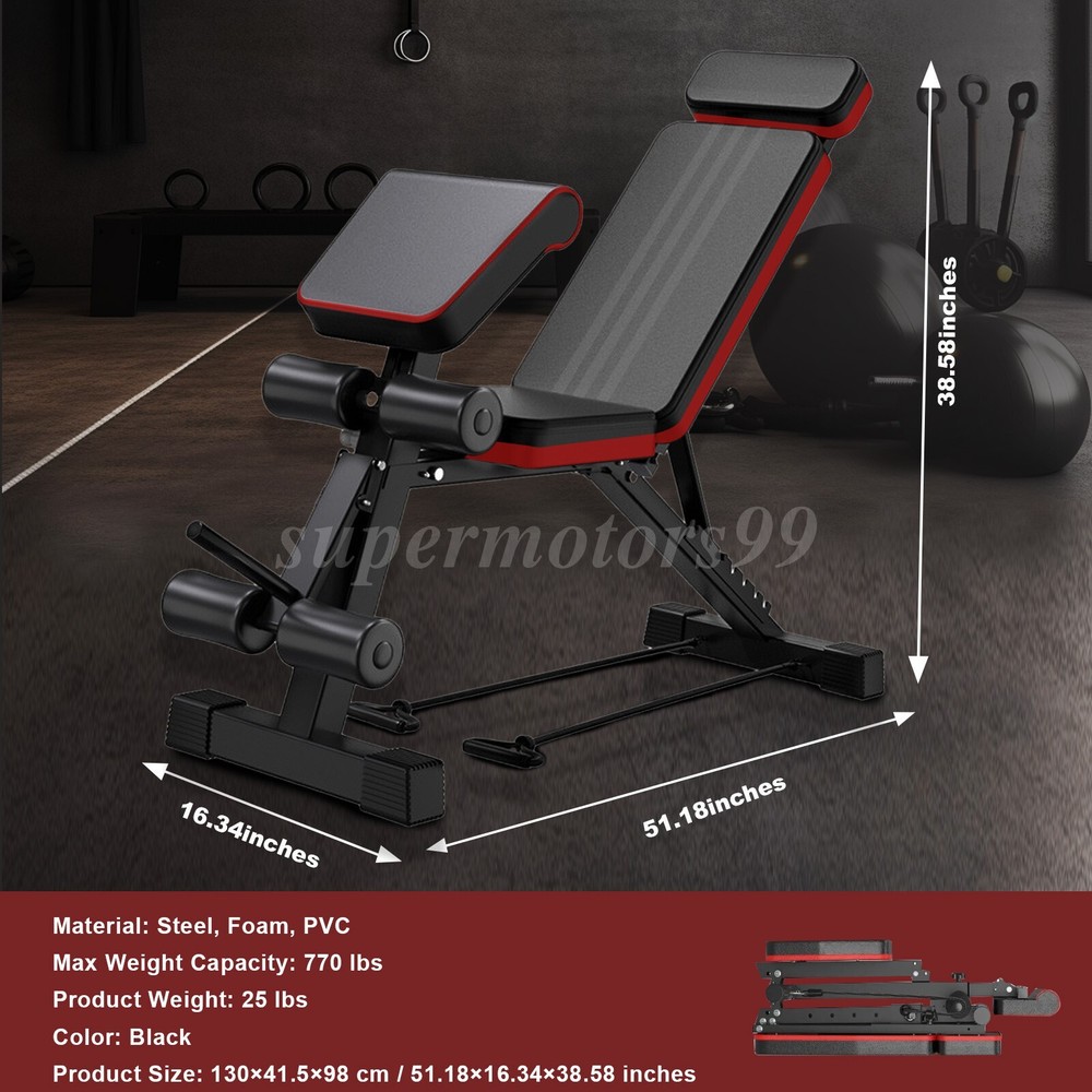 Adjustable Foldable Exercise Weight Bench Workout Bench Gym w/Resistance Bands