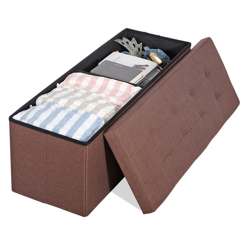 Brown Foldable Storage Ottoman Bench Storage Stools Footrest Spacious Organizer