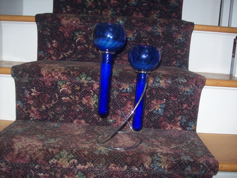 Unique Attractive Blue Glass Tiered Candle Holders Chrome Base
