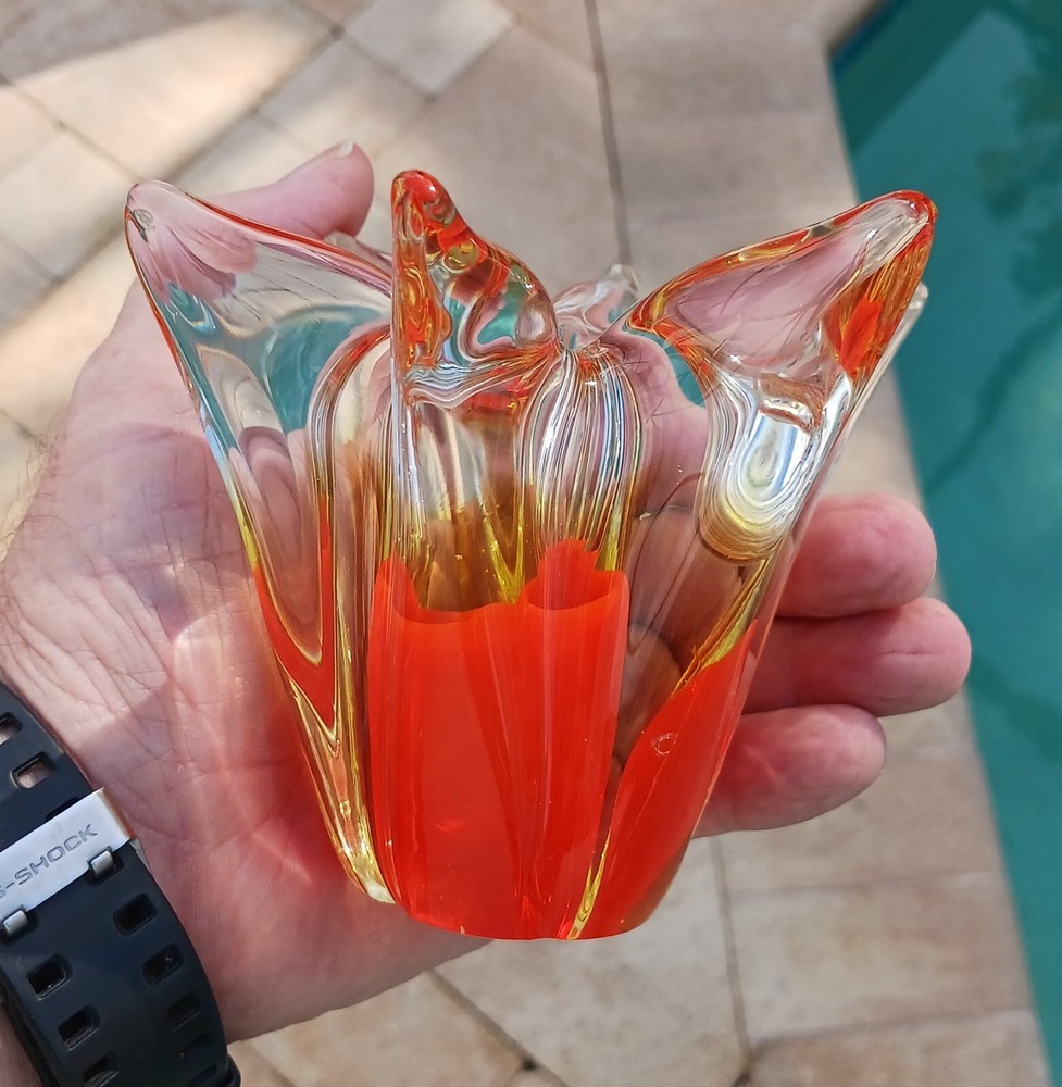 Murano Reddish Orange Star Flower Candle Holder