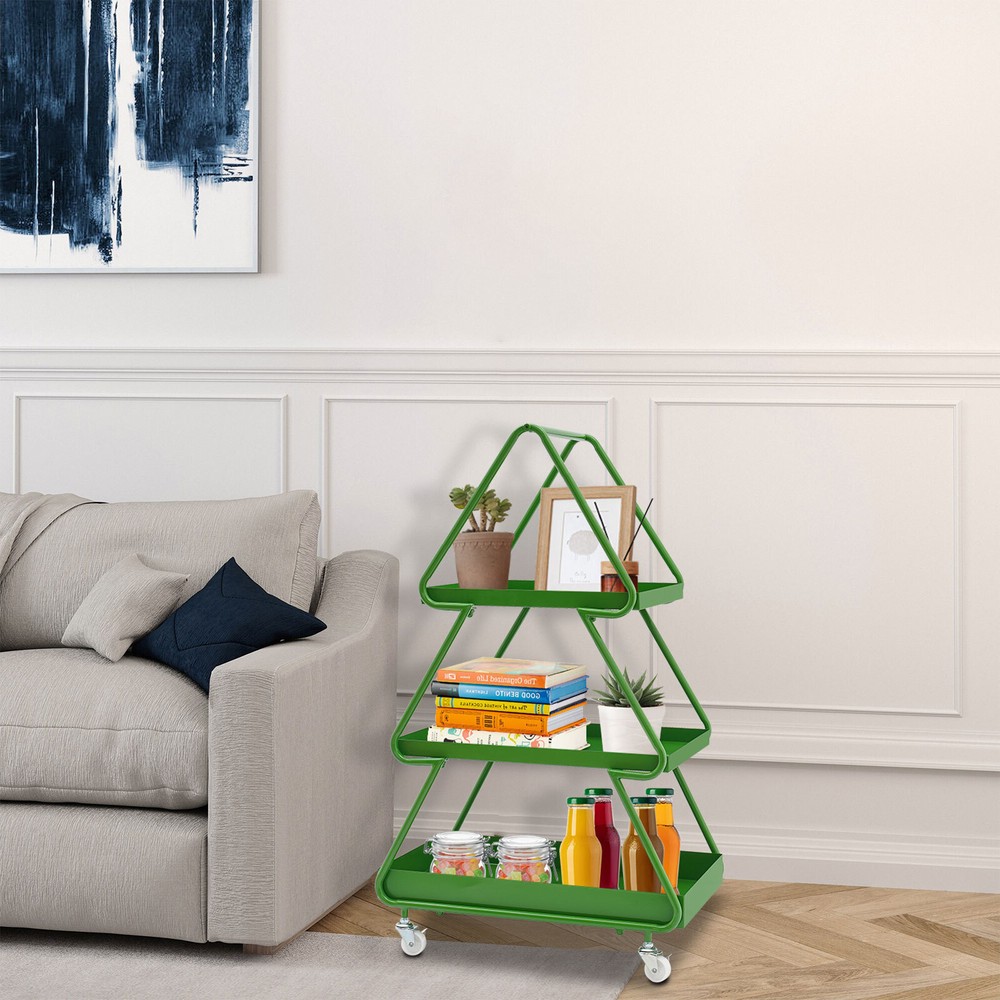 Iron Side Table White Tree-shaped End Table w/4 Universal Wheels for Living Room