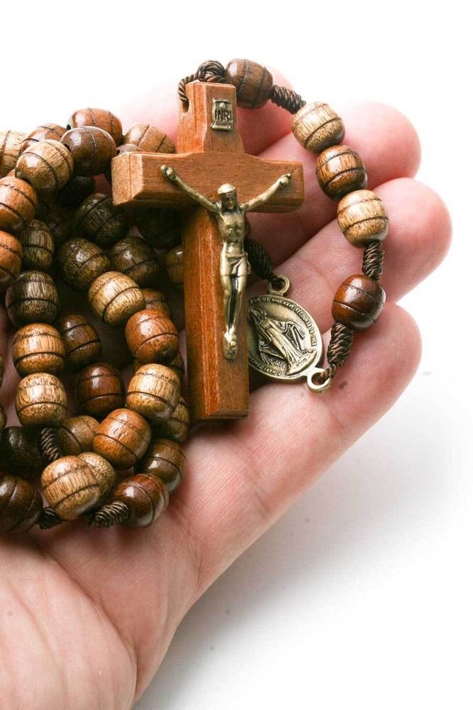 Rosary Necklace for Men Wooden Brown Carved Beads Strong Cord Rope Catholic