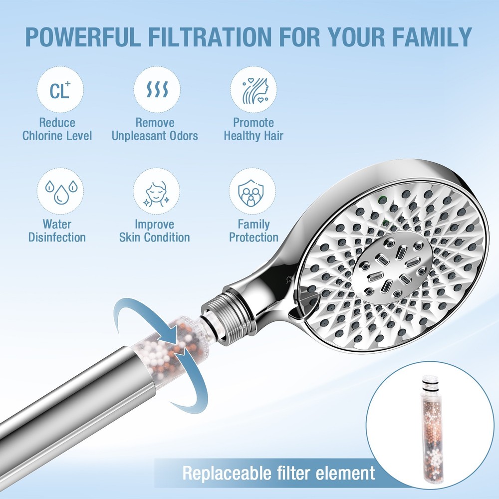 Handheld Shower Head with Filter Replacement Adjustable Bracket 72"Hose 9 Modes