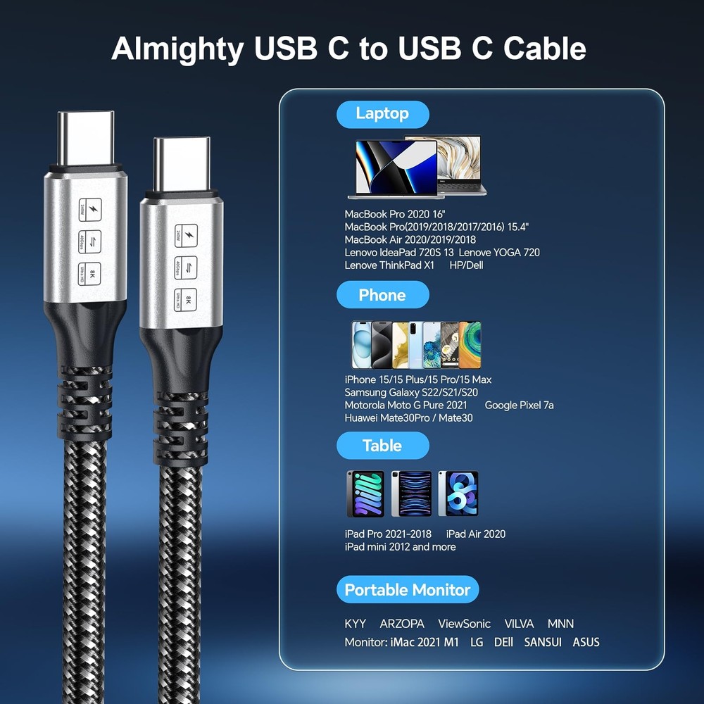 3ft Thunderbolt 4 Cable, 240W, 40Gbps Data, 8K, 4K Display, Slivery-Black
