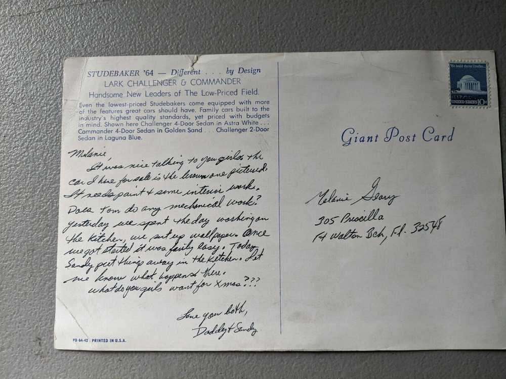 1964 Large Studebaker Post Card Used