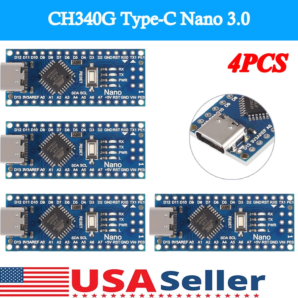 4PCS Nano v3 | USB-C | Welded | ATMEGA328P | IDE Microcontroller US