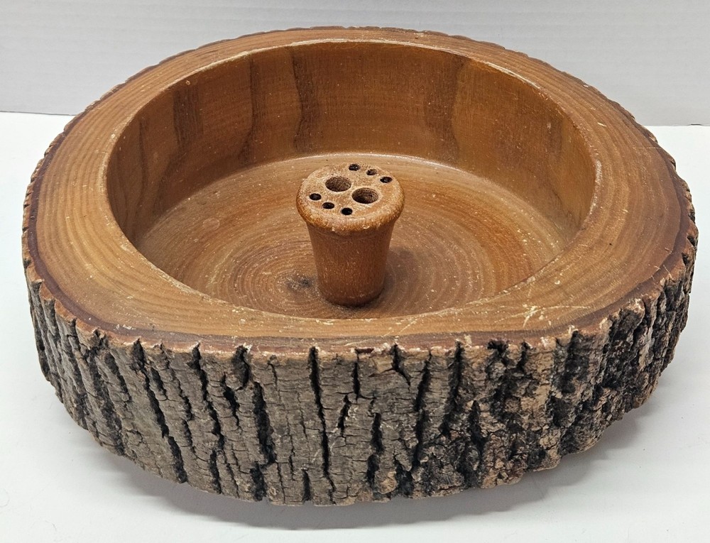 Vintage MCM Wood Nut Cracking Bowl Tree Bark Rustic Nutcracker Dish 9.5"