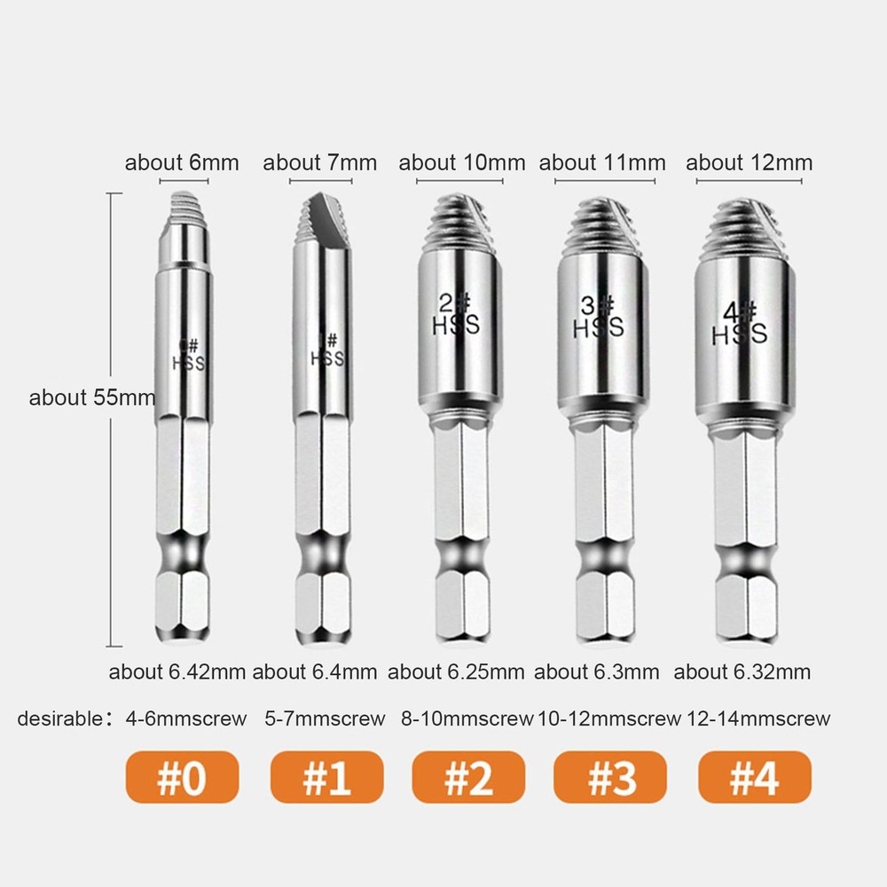 Hex Shank Broken Screw Extractor Kit 6Pcs Reverse Thread Stripped Screw Remov...
