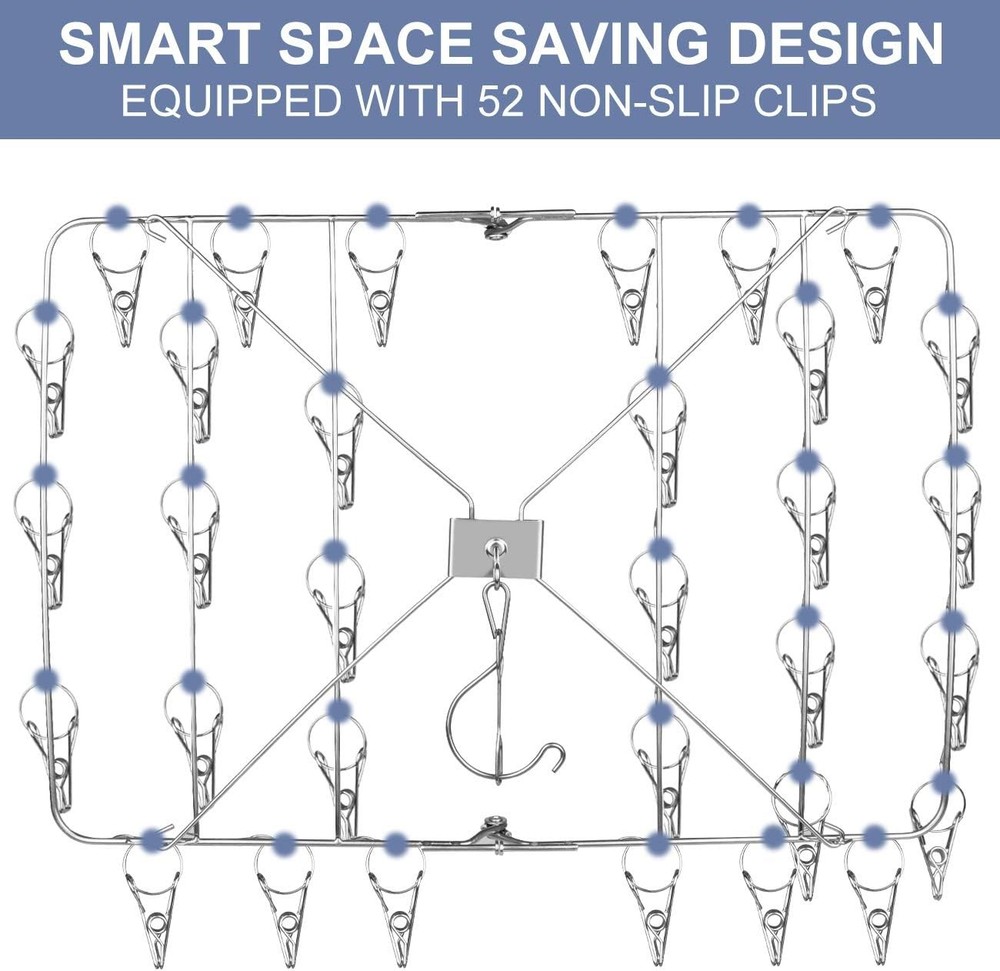 Drying Rack, 52 Clips Stainless Steel Laundry Drying Rack Folding
