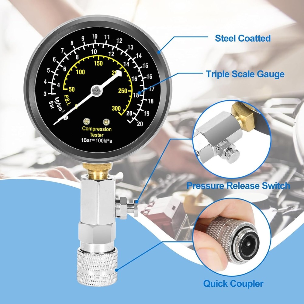 Efficient Engine Compression Tester Kit - Triple Range Pressure Gauge Included