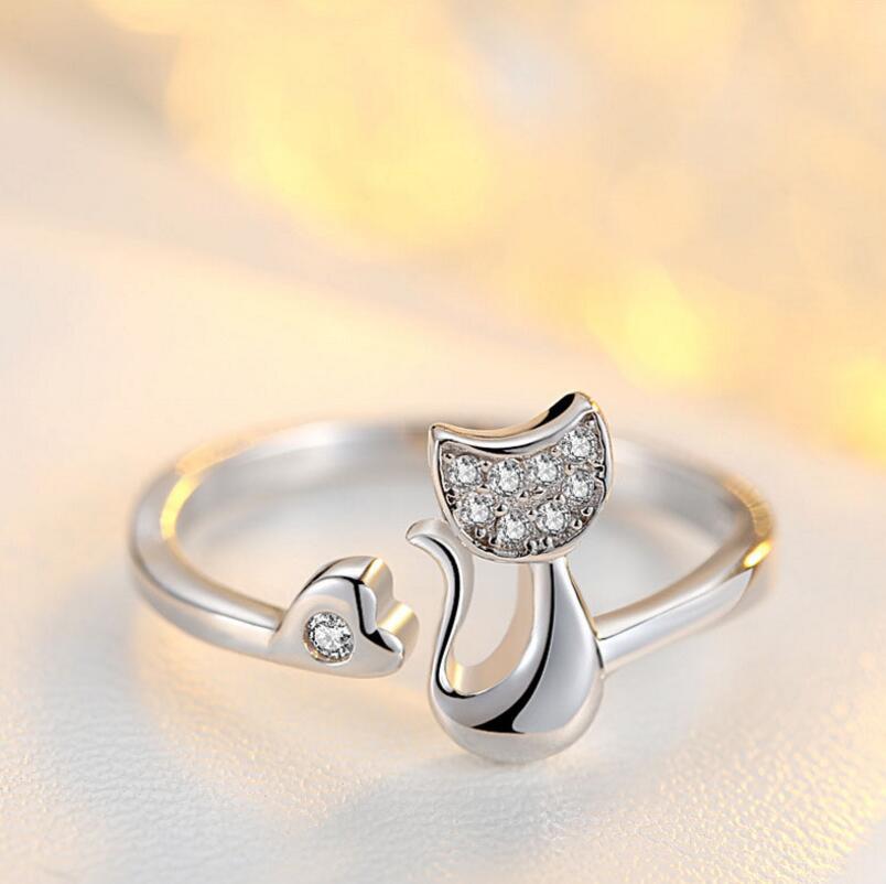 Silver Cat Kitten Pave Cubic Zirconia Adjustable Ring