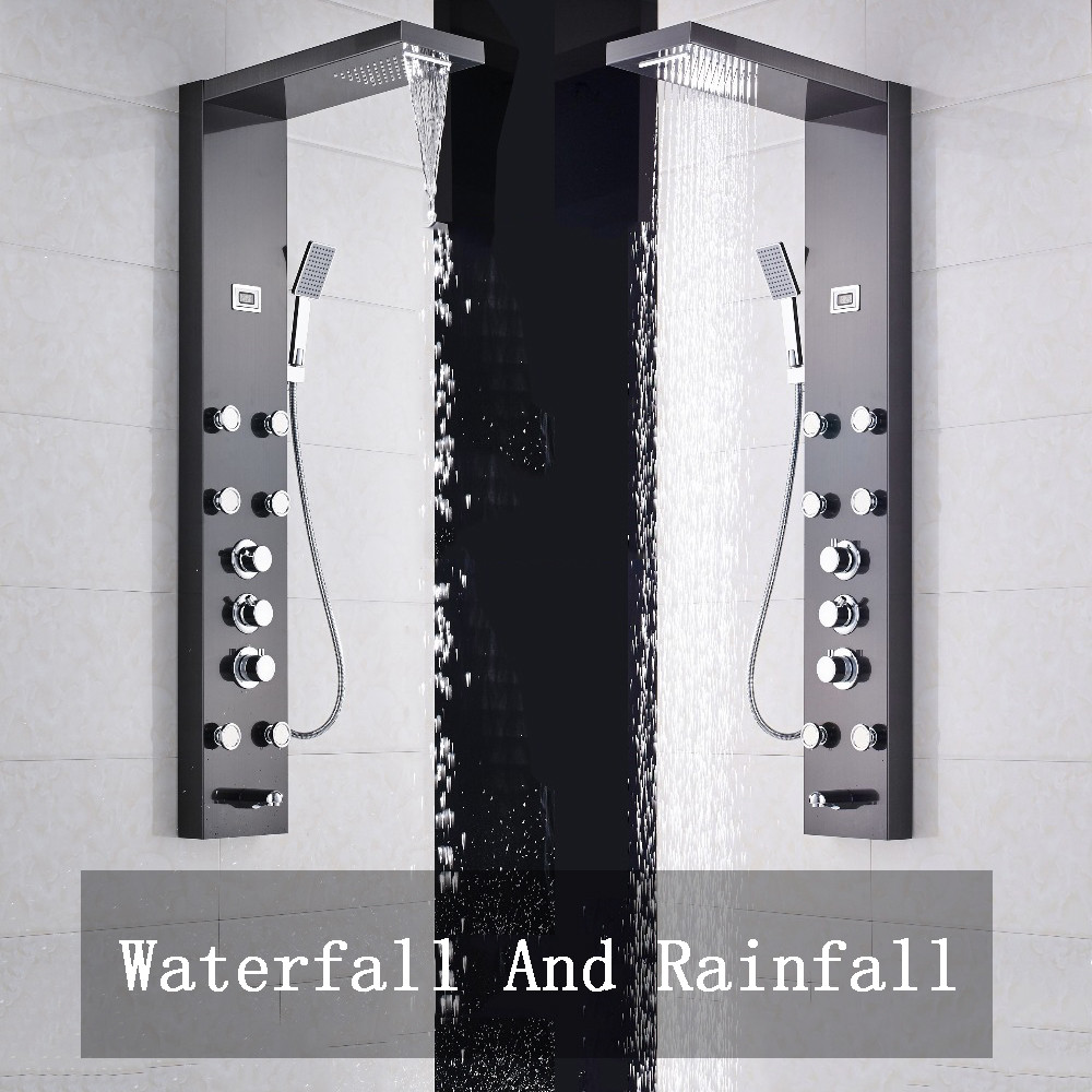 Black Shower Panel Rain&Waterfall Digital Display Handheld Spray Wall Mount Taps