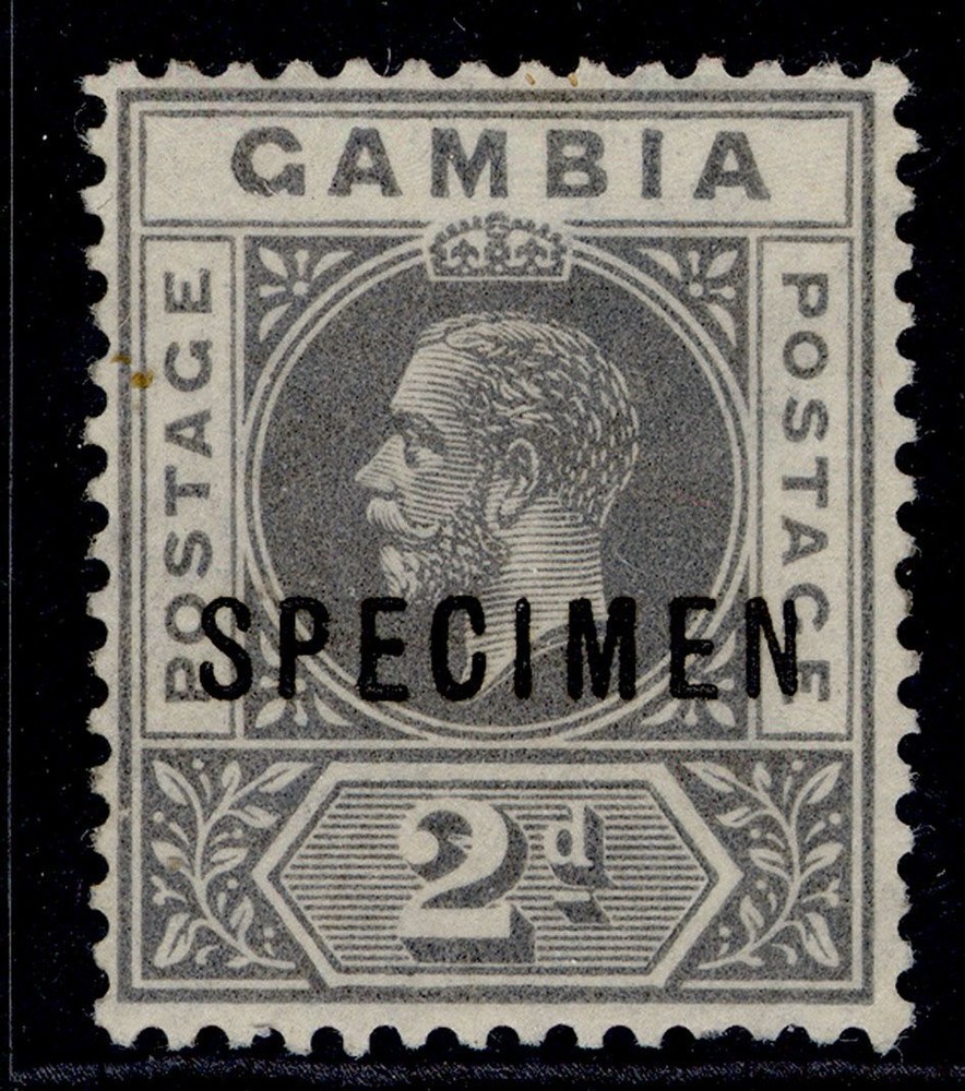 GAMBIA GV SG111s, 2d grey, M MINT. SPECIMEN. WMK SCRIPT