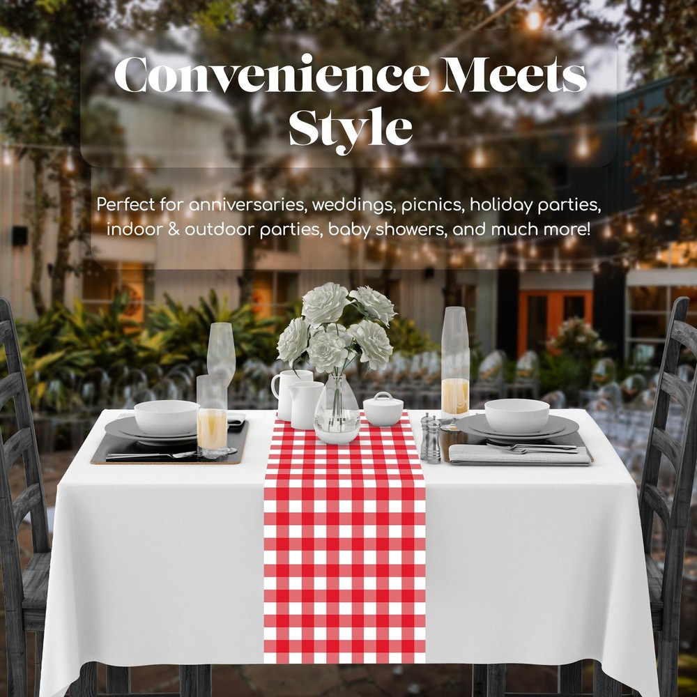 Checkered Table Runner, 6PCS Disposable Plastic, 14x108Inch, Red