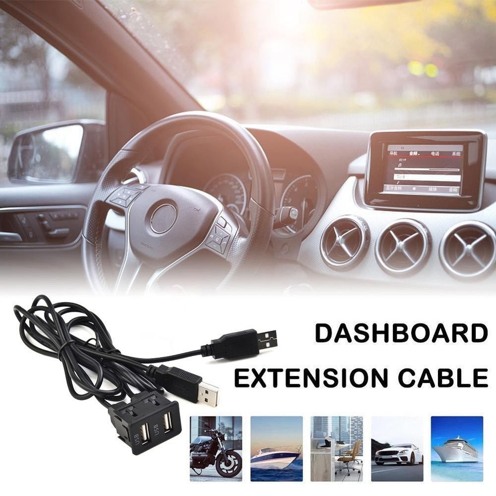 150CM Car Dash Flush Mount AUX USB Port Panel Dual USB Extension Adapter Cable