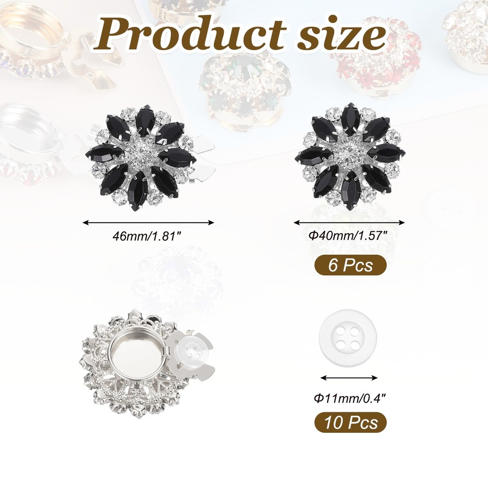 6 Pcs Rhinestone Button Covers, Marquise Buttons, Black/Silver