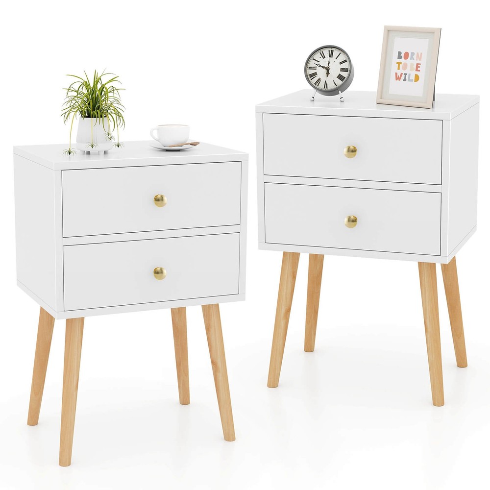 Costway 2PC Modern 2 Drawers Nightstand Sofa Side Table End Table Elegant White