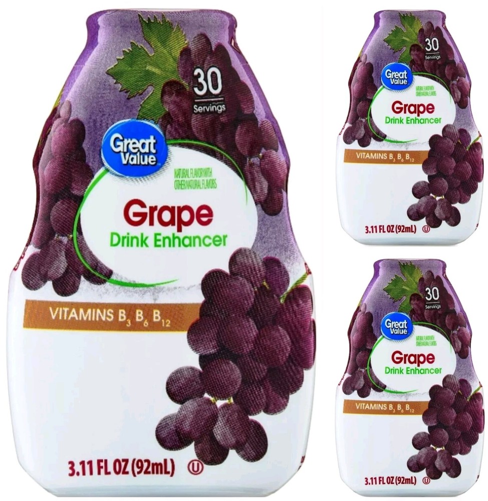 3 Pack Great Value Liquid Grape Drink Enhancer Mix B Vitamins - 90 Servings