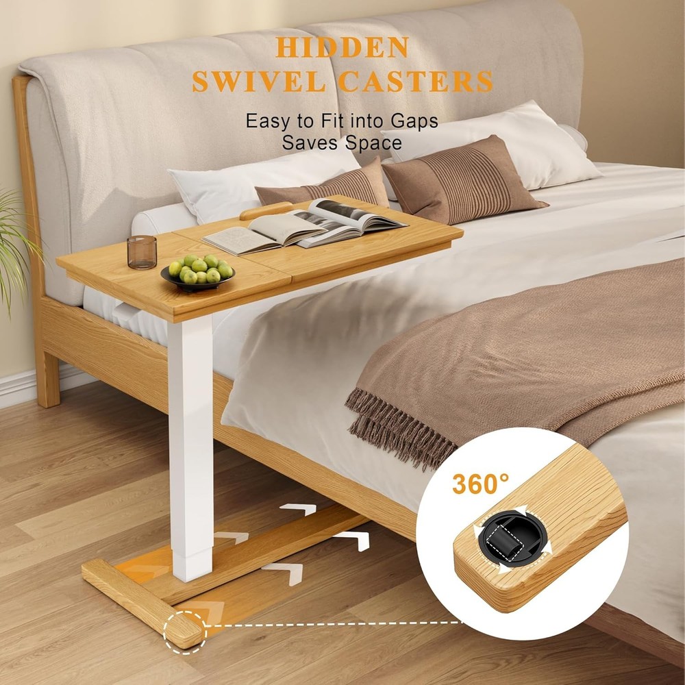 Solid Wood Overbed Bedside Table W/ Hidden Casters Adjustable Hospital Bed Table