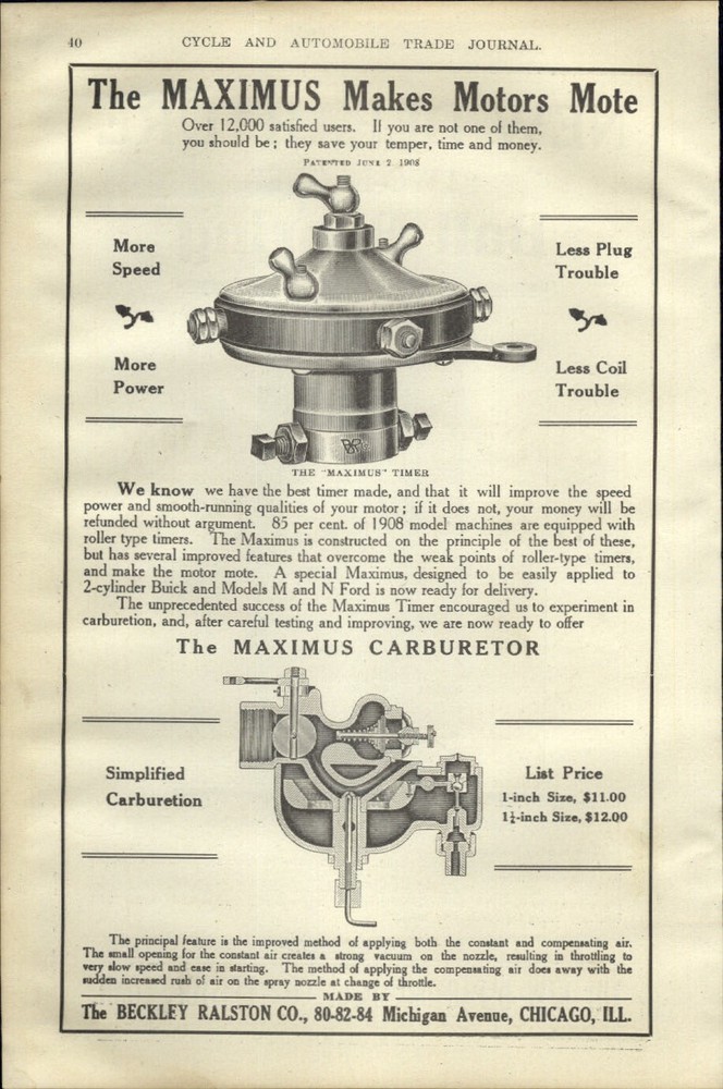 1909 PAPER AD Maximus Car Auto Automobile Carburetor Timer