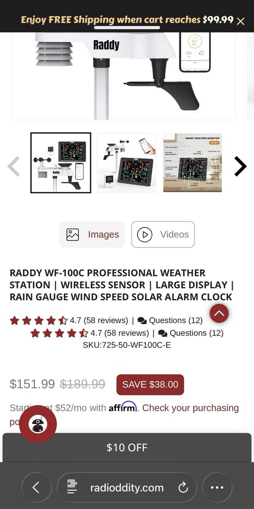 Raddy WF-100C Weather Station, Large 10" LCD, Wireless Sensor, Rain, Wind, Solar