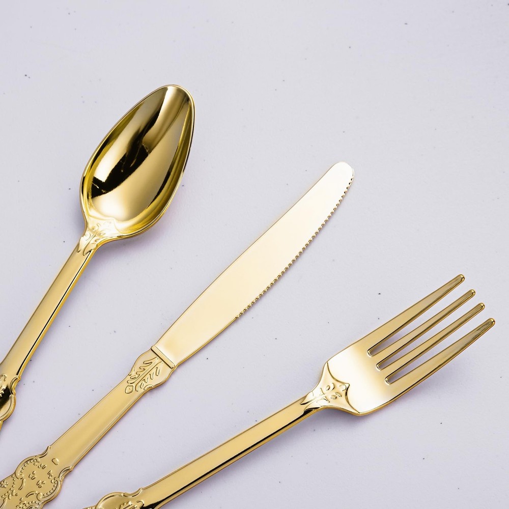 N9R 120PCS Gold Plastic Silverware, Disposable Silverware Include 40 Forks, 4...