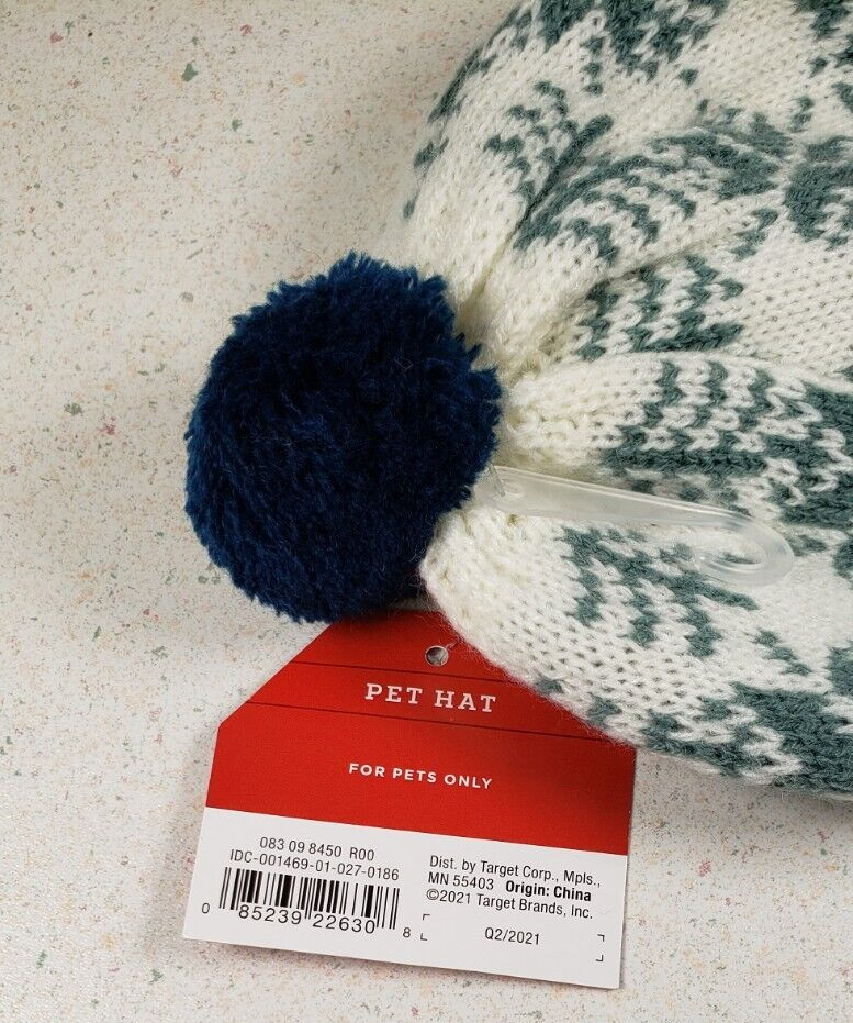 Christmas Dog Hat Blue Pom Pom Adjustable Elastic size Small/Medium