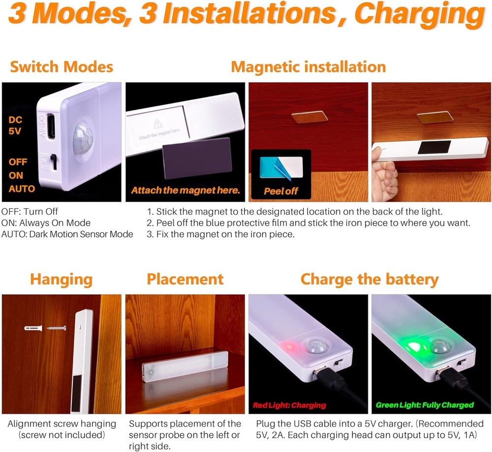 Magnetic cabinet light with motion sensor 8inch LED light 2pack USB rechargeable