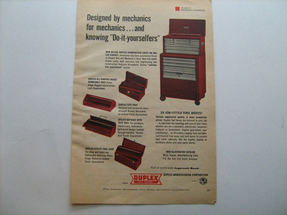 1965 DUPLEX Tool Boxes, Tool Chest--very nice original vintage color '65 ad