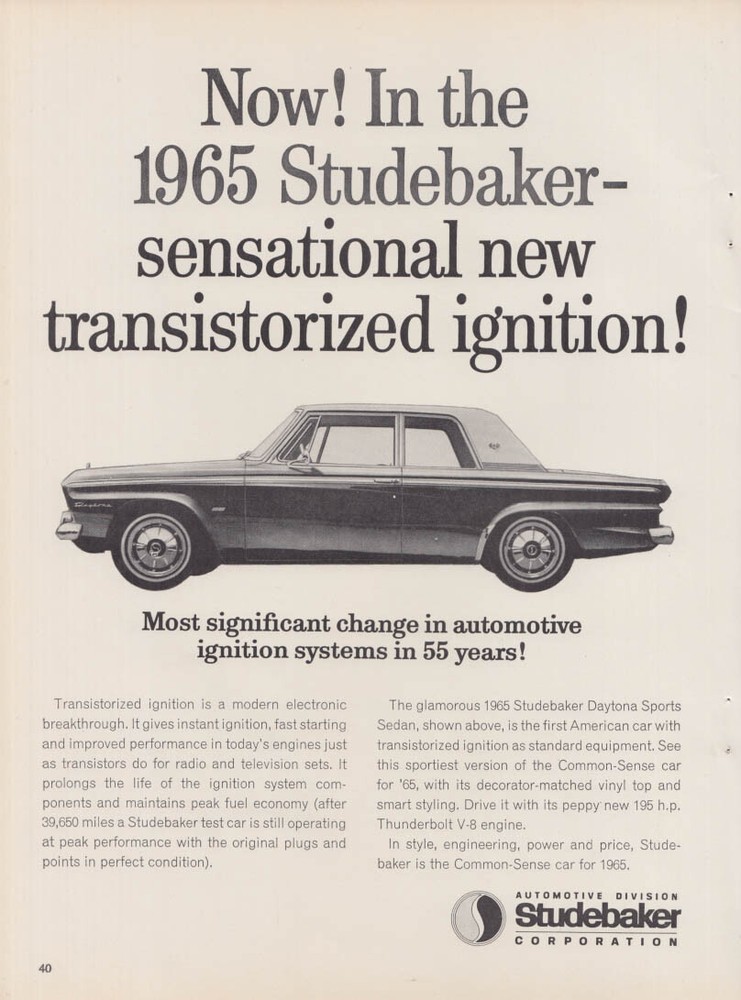 Sensational new transistorized ignition Studebaker Daytona ad 1965