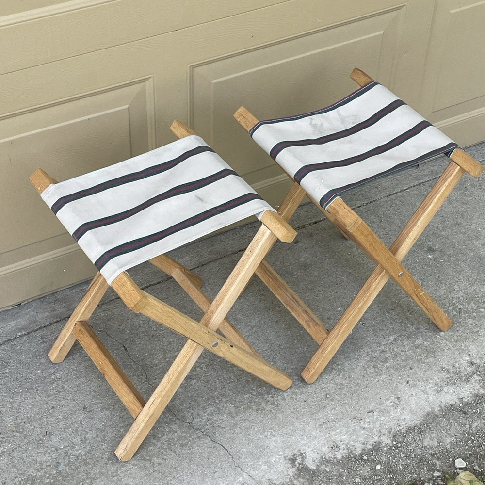 Vintage Folding Camp Stools - Canvas And Wood