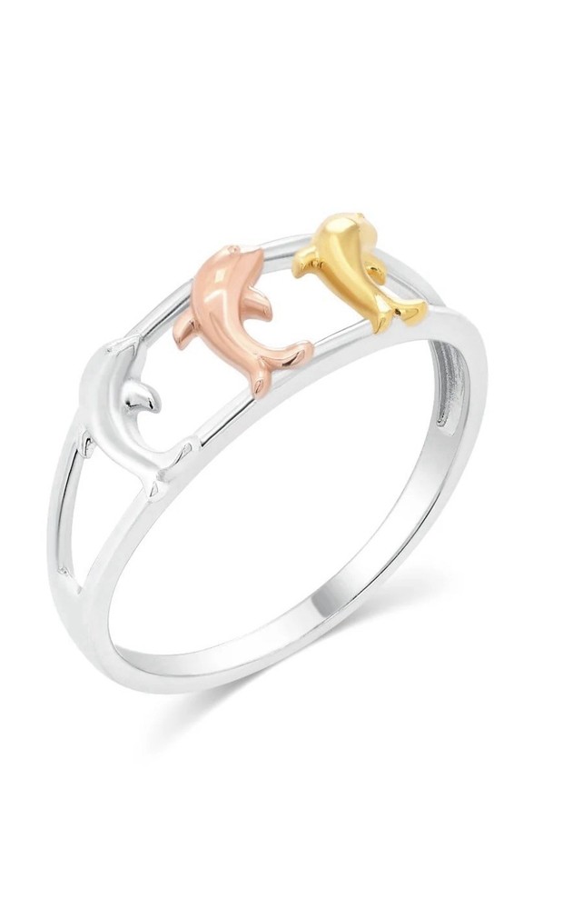 Tri-Tone Plated 925 Sterling Silver Dolphin 6.3mm Ring