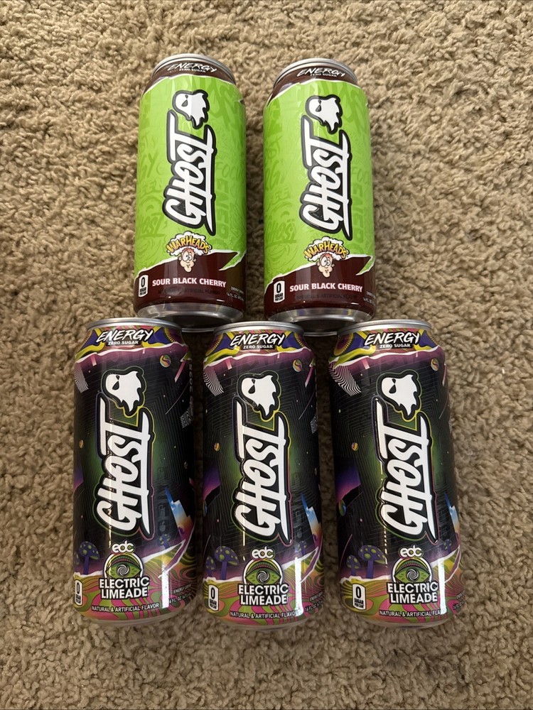 3 OG Electric Limeade + 2 Sour Black Cherry Warhead Ghost Energy Drinks
