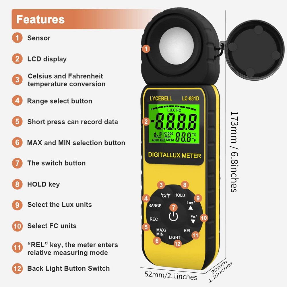 LYCEBELL Digital Illuminance Light Meter, LC-881D Luxmeter Range up