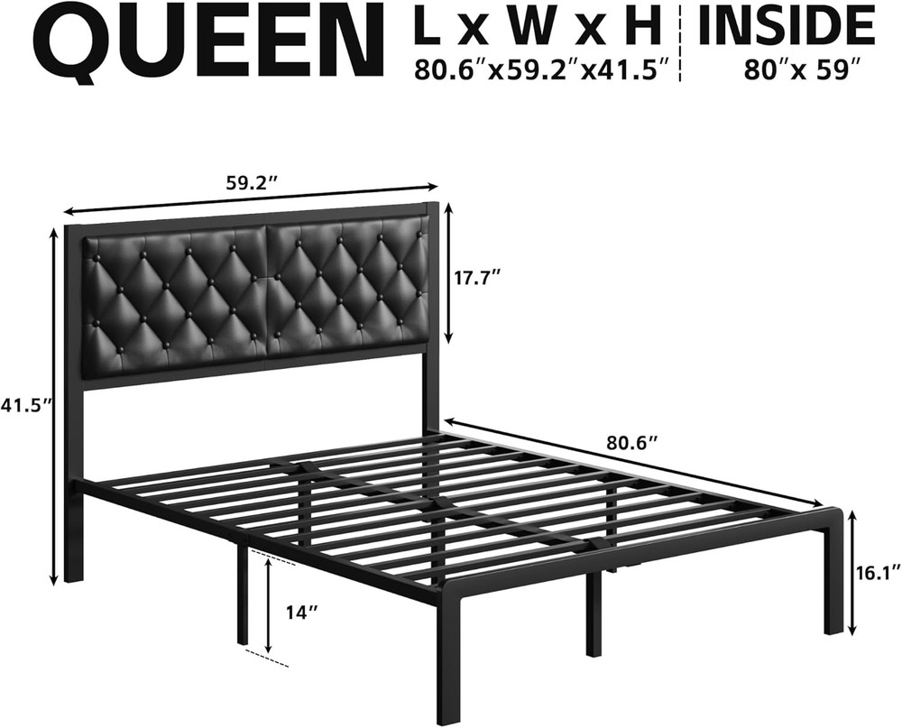 Queen Bed Frame with Headboard PU Leather Upholstered Bed Frame Platform,All Met