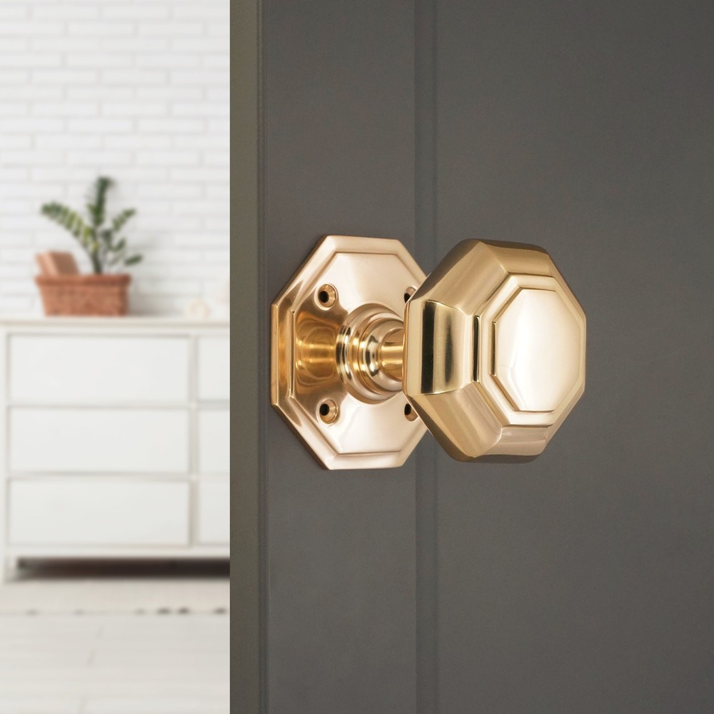 Door Knob Pair of Solid Octagonal Large Mortice Pull Handle Set Brass & Nickel