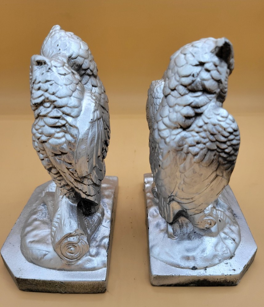Mid-century Solid Cast Owl Bookends Silver Color