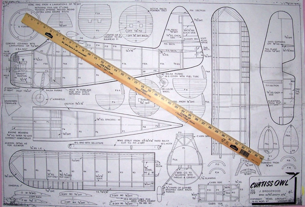 Aeromodeller CURTISS OWL PLAN + PATTERNS for a 41" Span FF Scale Model Airplane